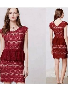 Maeve Burgundy Lace Midi Dress with Peplum
